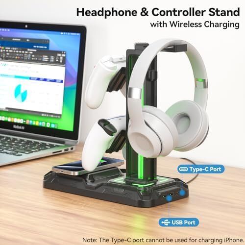 Headphone Stand - Rotatable Controller Holder with Wireless Charging & 9 Light Modes, Gaming Headset Stand with 2 USB and Type C Ports - Controller Stand for Gamers Desktop Accessories (Black)