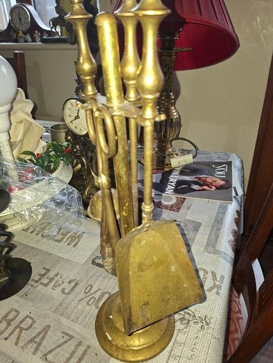 A Vintage Brass Fireplace Companion set, a Brush, Tongs, Shovel and Poker suspended on a stand, Postage available or Collection
