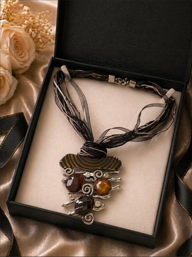 Boho Statement Pendant Necklace Multi Strand Ribbon Cord Crystal Gem Jewellery