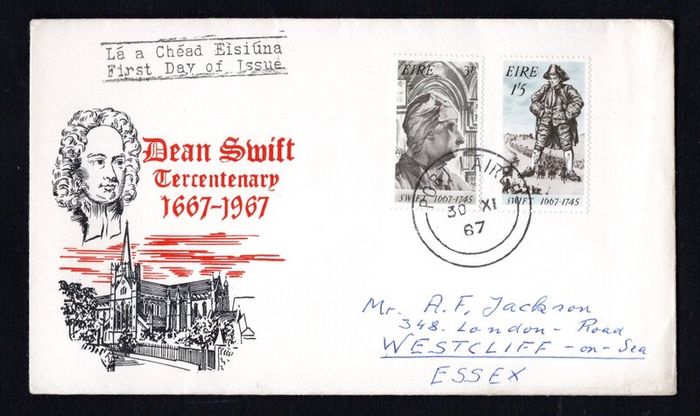 1967 Ireland Tercentenary of the Birth of Dean Jonathan Swift Commemorative Stamps Illustrated First Day Cover (FDC) with Corcaigh (Cork)