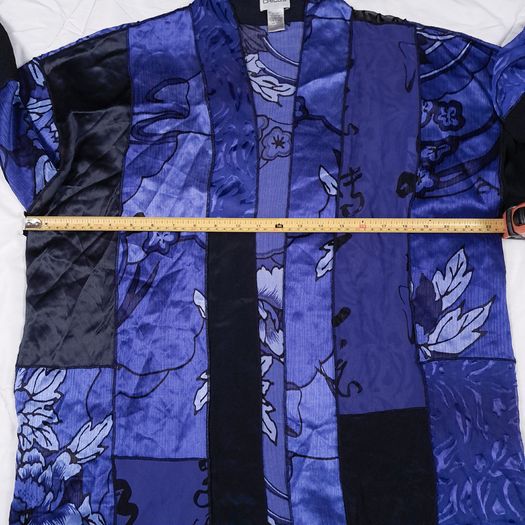 Chico's Blue & Black Patchwork Floral Print Silk Sheer Open-Front Kimono Duster 10-14UK/38-42EU