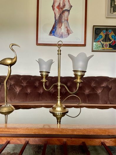 Vintage Repro Double Arm Student Library Desk Lamp Brass Finish 1970s