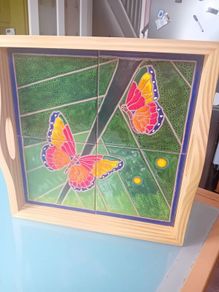 Artisan butterfly ceramic tiled wooden tray