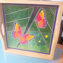 Artisan butterfly ceramic tiled wooden tray