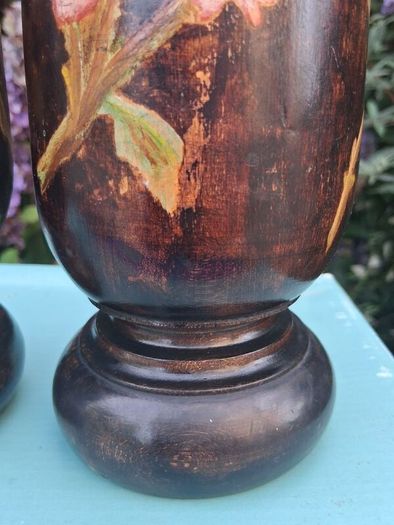 Stunning Pair Of Hand Painted Art Nouveau Hardwood  Candlesticks 12"