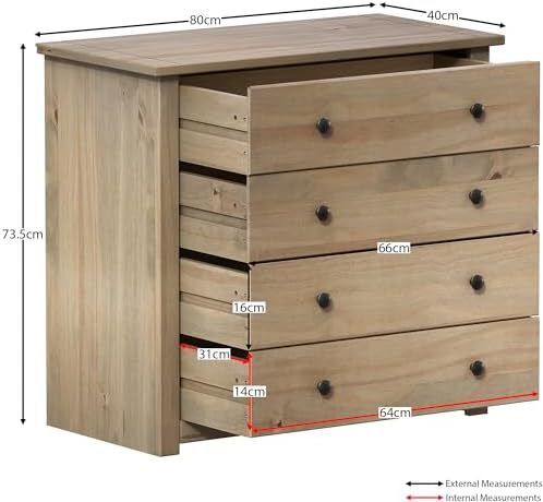 Panama 4 Drawer Chest Solid Pine Wood, Bedroom furniture, Waxed Oak Finish
