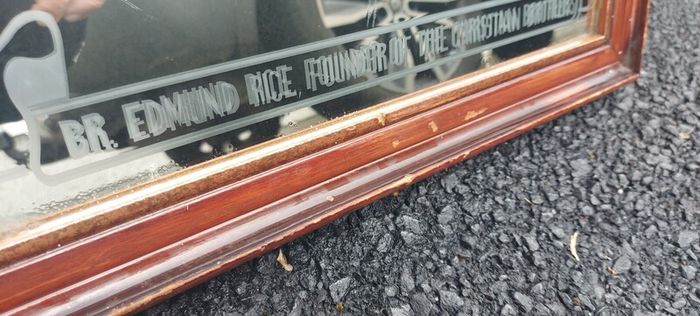 Dr Edmund Rice founder of the Christian brothers etched mirror,came from a old school,hard to come by ,heavy,lovely display,a piece of irish history,,hard to come by, buyer collects,sold as seen ,sorry pics not more clearer,I gave wood a light polish.