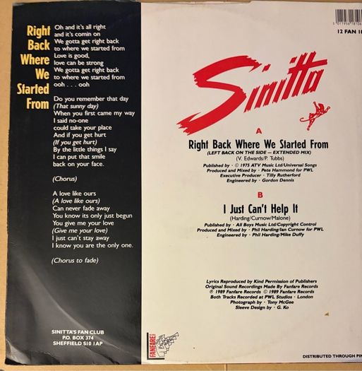 Sinitta Right Back Where We Started From 1989 12 Vinyl