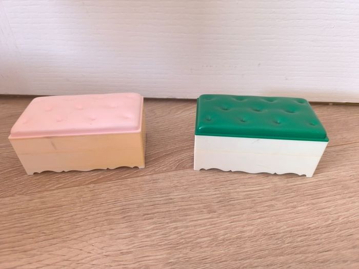 doll furniture Vintage Sindy Style Doll Furniture Storage Ottoman Boxes Pink Green Set of Two