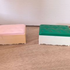 doll furniture Vintage Sindy Style Doll Furniture Storage Ottoman Boxes Pink Green Set of Two