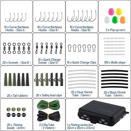 NEW SALE | 278pcs Carp Fishing Tackle Job Lot in Box Clips Hooks Quick Change Swivel Links Shrink Tubes Corn Rubbers Terminal Tackles Green Black