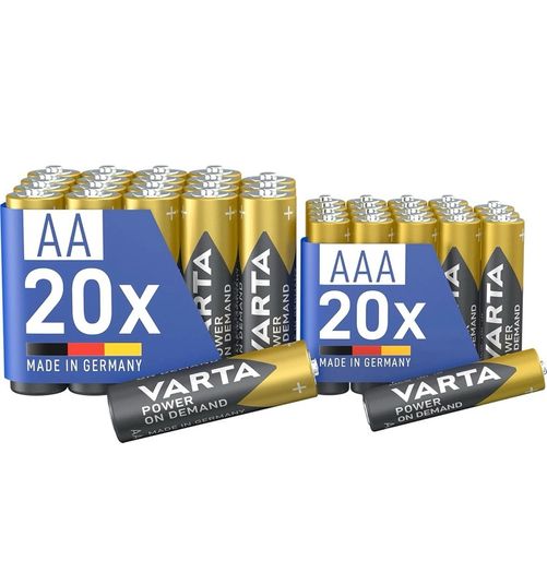 Batteries 20x AA & 20 AAA, pack of 40, Power On Demand, Alkaline, storage pack in environmentally friendly packaging, ideal for computer accessories, Smart Home devices, Made in Germany