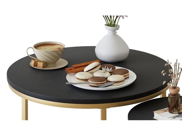 Round Coffee Tables, Set of 2 End Table, Nesting Tables, Side Table Metal Gold Frame for Living Room/Bedroom/Balcony/Office/Apartment, Diameter 23.6/15.7 IN, Black Top, Prevent right angles