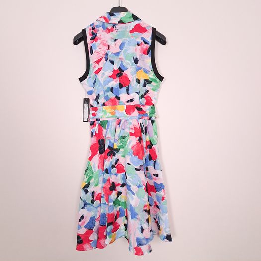 Karl Lagerfeld Multi-Color Red Blue Floral Waist Tie Sleeveless Dress 8UK/36EU/4US