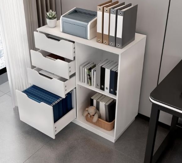 4 Drawer Wood Lateral File Cabinet, A4 Letter Size Suspension File Hanging Folder Filing Cabinet, Printer Stand with Open Storage Shelf for Office and Home,White