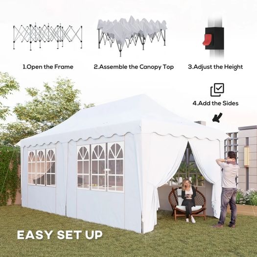 3 x 6m Pop Up Gazebo with Sides, UPF50+ Height Adjustable Marquee Party Tent, Wedding Canopy, Instant Event Shelter with Carry Bag and Sand Bags for Garden, White
