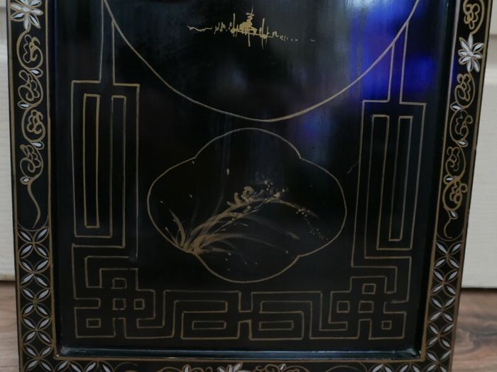 Vintage large Japanese Mother of Pearl Wall Panel / Black Lacquer Geisha Warrior & Floral ORIENTAL WALL ART
