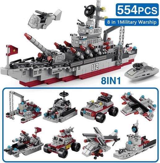 554PCS Army Ocean Cruiser Warship Building Blocks Aircraft Weapon Ship Bricks City Toys for Children Boy and Girl Compatible with Lego