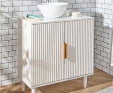 Cream Under Sink Bathroom Cabinet, Free Standing Ribbed Wooden Under Basin Unit Cupboard Storage Cabinet with 2 Doors & Shelf Bathroom Sink Cabinet with Feet, 60 x 30 x 61cm