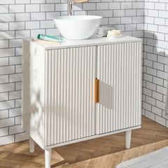 Cream Under Sink Bathroom Cabinet, Free Standing Ribbed Wooden Under Basin Unit Cupboard Storage Cabinet with 2 Doors & Shelf Bathroom Sink Cabinet with Feet, 60 x 30 x 61cm