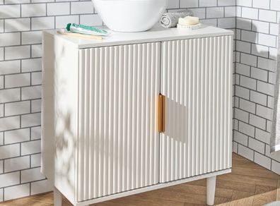 Cream Under Sink Bathroom Cabinet, Free Standing Ribbed Wooden Under Basin Unit Cupboard Storage Cabinet with 2 Doors & Shelf Bathroom Sink Cabinet with Feet, 60 x 30 x 61cm
