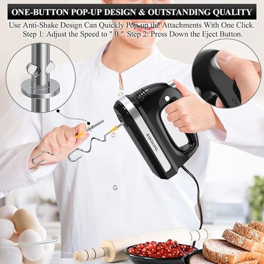 Hand Electric Mixer, 300W Ultra Power Food Kitchen Mixer with 5 Self-Control Speeds + Turbo Boost, 5 Stainless Steel Attachments Handheld Blender for Baking, BLACK
