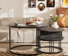 Round Coffee Table - 70cm/50cm Nesting Tables Set of 2, Hydraulic Lift-Top with Hidden Storage, Centre Table for Living Room, Small Space, Home Office