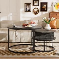 Round Coffee Table - 70cm/50cm Nesting Tables Set of 2, Hydraulic Lift-Top with Hidden Storage, Centre Table for Living Room, Small Space, Home Office