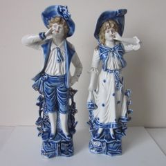 Antique Blue/White  Victorian Boy/Girl  Bisque Figurines  circ 1800s