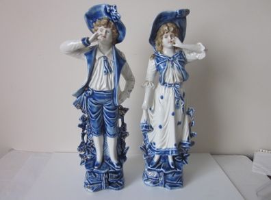 Antique Blue/White  Victorian Boy/Girl  Bisque Figurines  circ 1800s