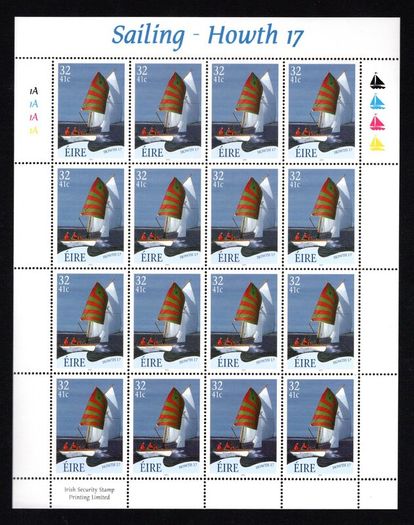 2001 Ireland Sailing (Ruffian, Howth, Sports boat & The Glen) Stamp Sheetlet Plate 1A1A1A1A Mint Never Hinged (MNH).