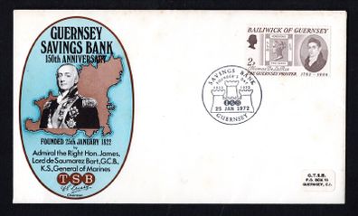 1972 Guernsey 150th Anniversary of Guernsey Savings Bank with 2p Thomas de la Rue (1793-1866), Hong Kong Nr. 1 Commemorative Stamp tied by commemorative cancel