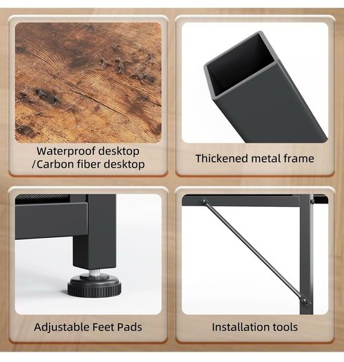 120cm Computer Desk with 5 Fabric Drawers, Reversible Home Office Desk with Printer Cabinet, Writing Desk with Monitor Stand & Power Outlets, Study Table with LED Light, Rustic Brown