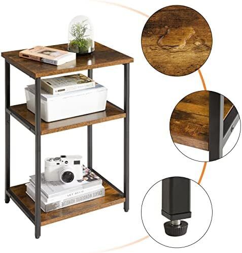 Industrial Side Table,End Table,Nightstand,3-Tier Storage Shelves,Steel Frame,for Hallway,Sofa,Living Room, Bedroom,Rustic Brown, 39 x 29 x 58.5 cm