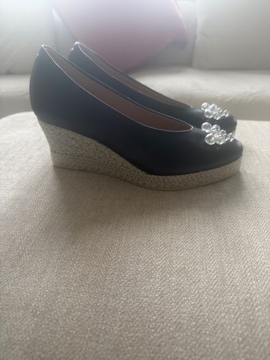 Cinders by Jose Saenz Leather Wedge Espadrilles Navy Size 40