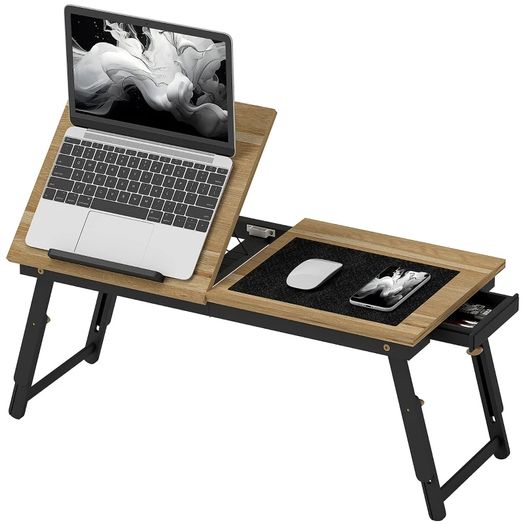 Foldable and Adjustable Bed Table, Bamboo Bed Laptop Top - Tiltable Top, Drawer, Oak