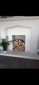 limestone fireplace and hearth