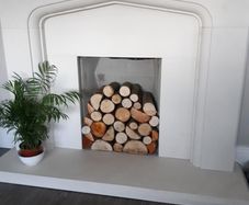 limestone fireplace and hearth