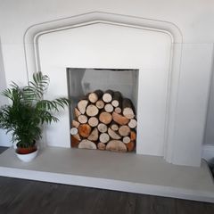 limestone fireplace and hearth
