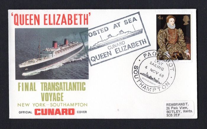 1968 Great Britain Cover Celebrating last call at Southampton of the The Cunard Queen Elizabeth with Southampton Paquebot cancel of 4th November 1968 and posted on board cancel