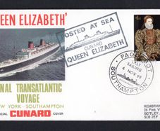 1968 Great Britain Cover Celebrating last call at Southampton of the The Cunard Queen Elizabeth with Southampton Paquebot cancel of 4th November 1968 and posted on board cancel