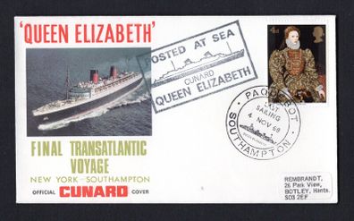 1968 Great Britain Cover Celebrating last call at Southampton of the The Cunard Queen Elizabeth with Southampton Paquebot cancel of 4th November 1968 and posted on board cancel