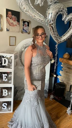 silver grey long debs dress