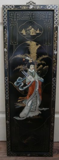 Vintage large Japanese Mother of Pearl Wall Panel / Black Lacquer Geisha Warrior & Floral ORIENTAL WALL ART