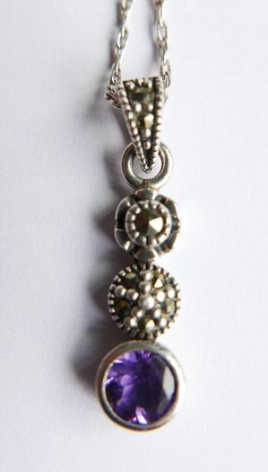 Vintage 925 Sterling Silver Amethyst and Marcasite Necklace and Earring Set
