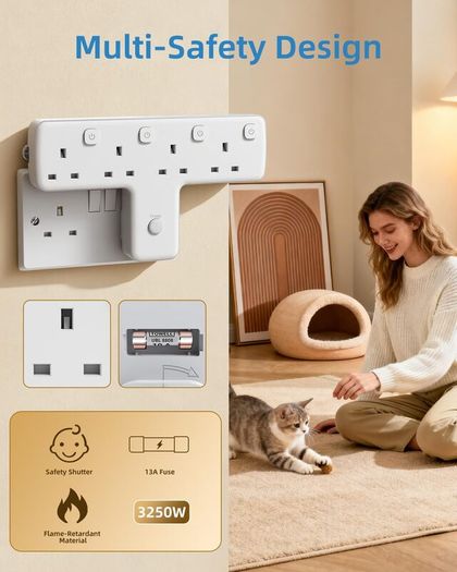 Multi Plug Adopter, Plug Extension with Independent Switches, 4 Way Plug Adapter UK Built-in Surge Protector, 4 in 1 Wall Socket Plug Extender with 180 Degree Rotation Button