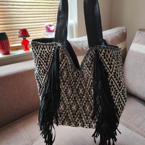 Fringe Tote Bag Purse Black and White, Large