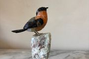 Hand-Carved Gemstone Bullfinch on Raw Amazonite Base