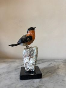 Hand-Carved Gemstone Bullfinch on Raw Amazonite Base