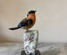 Hand-Carved Gemstone Bullfinch on Raw Amazonite Base
